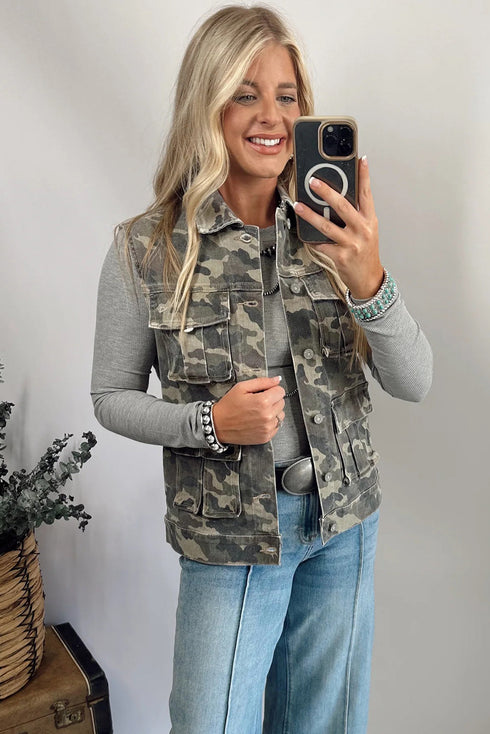 Camo Snap Front Cargo Pocket Denim Vests